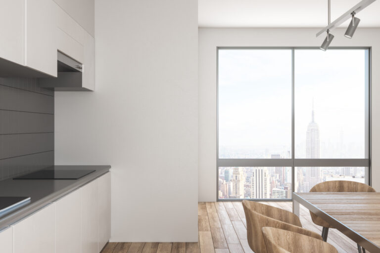 Home stylish,kitchen,interior,with,panoramic,city,view,,daylight,and,furniture.